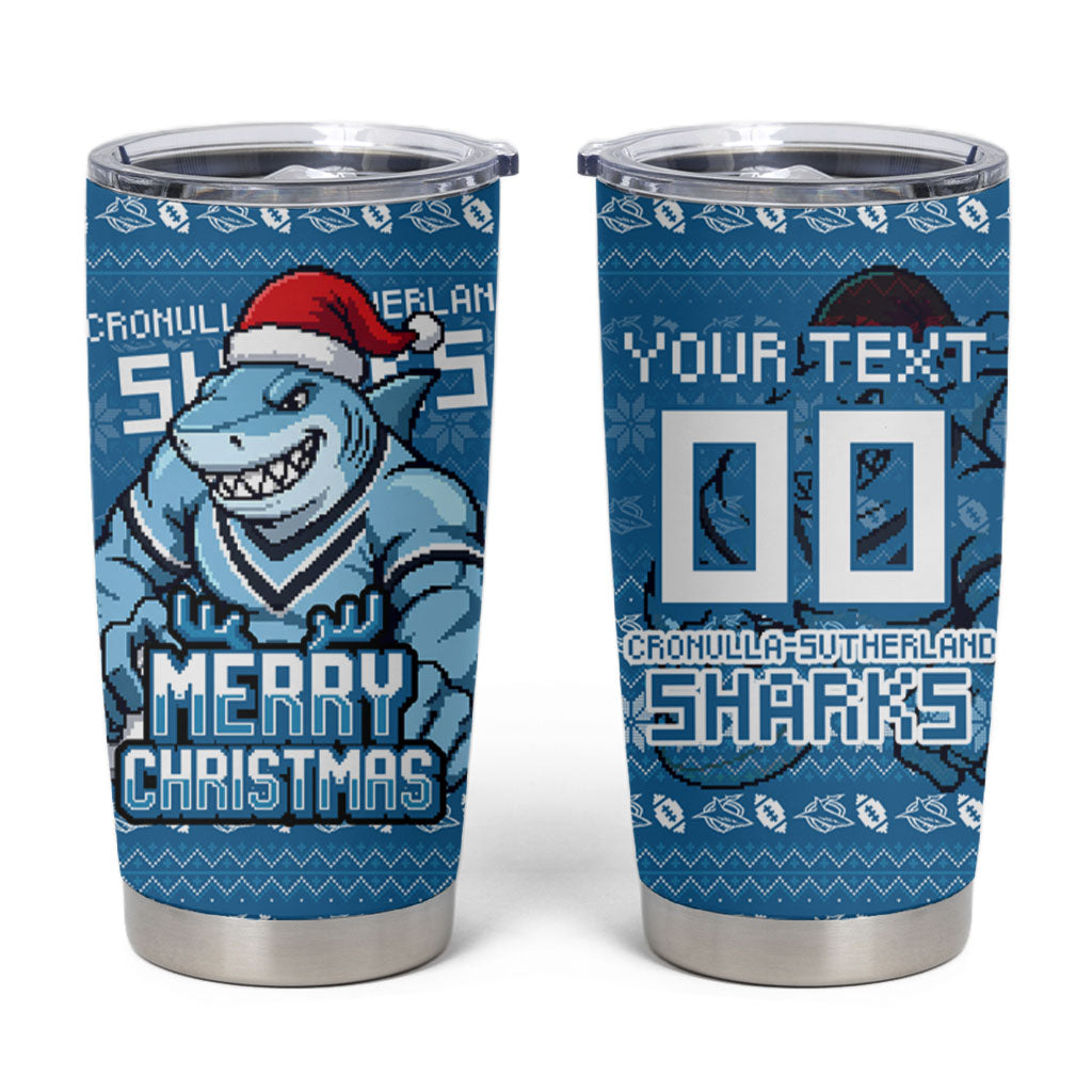 Personalized Cronulla Sharks Christmas Tumbler Cup Australian Rugby Fans - Pixelated Ugly Xmas Pattern Mascot Santa