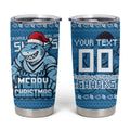 Personalized Cronulla Sharks Christmas Tumbler Cup Australian Rugby Fans - Pixelated Ugly Xmas Pattern Mascot Santa