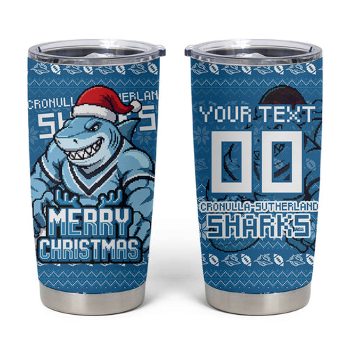 Personalized Cronulla Sharks Christmas Tumbler Cup Australian Rugby Fans - Pixelated Ugly Xmas Pattern Mascot Santa