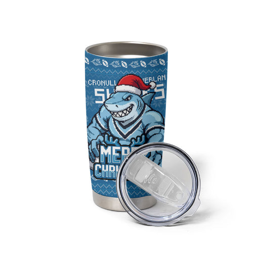 Personalized Cronulla Sharks Christmas Tumbler Cup Australian Rugby Fans - Pixelated Ugly Xmas Pattern Mascot Santa