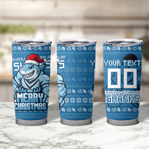 Personalized Cronulla Sharks Christmas Tumbler Cup Australian Rugby Fans - Pixelated Ugly Xmas Pattern Mascot Santa