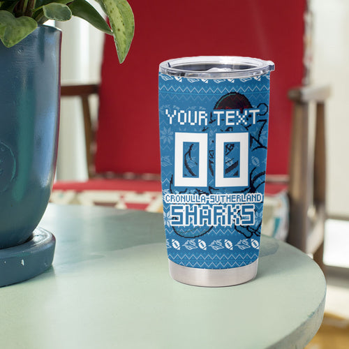 Personalized Cronulla Sharks Christmas Tumbler Cup Australian Rugby Fans - Pixelated Ugly Xmas Pattern Mascot Santa