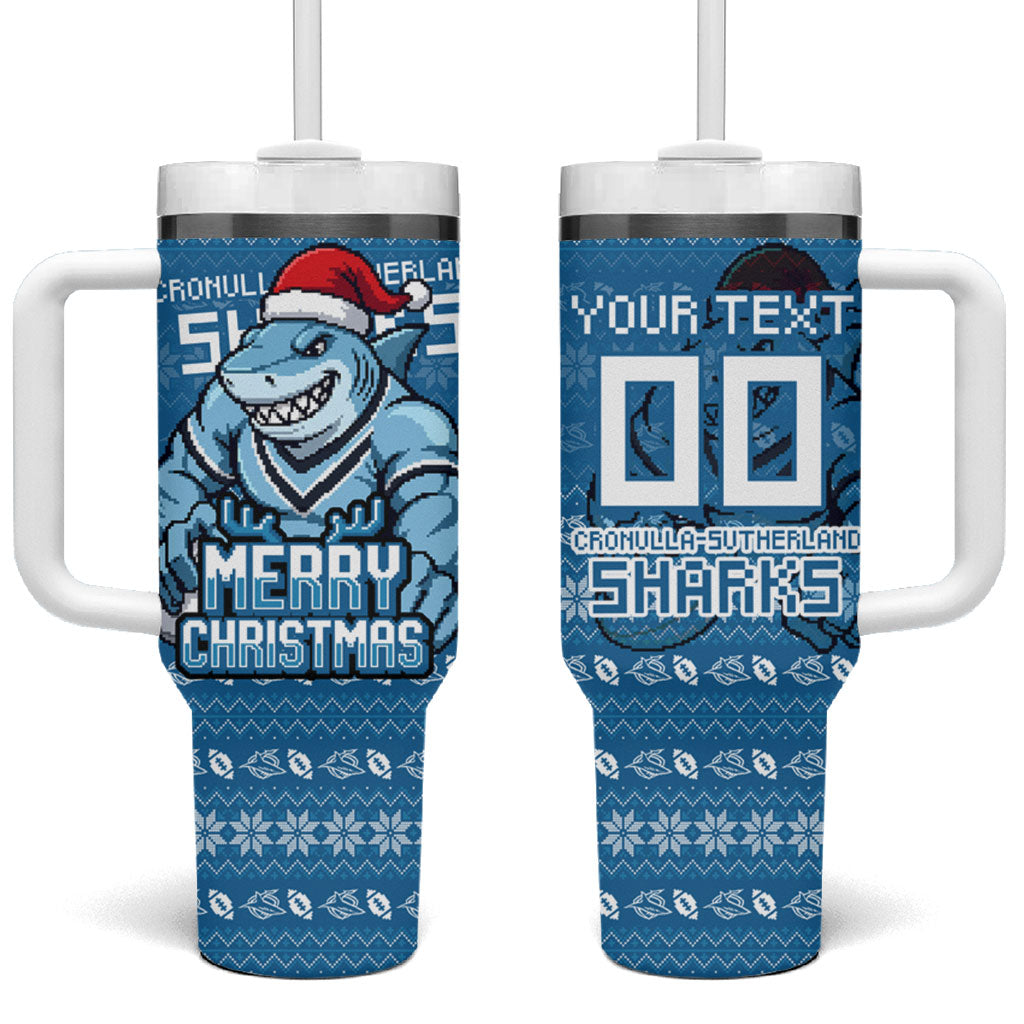 Personalized Cronulla Sharks Christmas Tumbler With Handle Australian Rugby Fans - Pixelated Ugly Xmas Pattern Mascot Santa