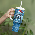 Personalized Cronulla Sharks Christmas Tumbler With Handle Australian Rugby Fans - Pixelated Ugly Xmas Pattern Mascot Santa
