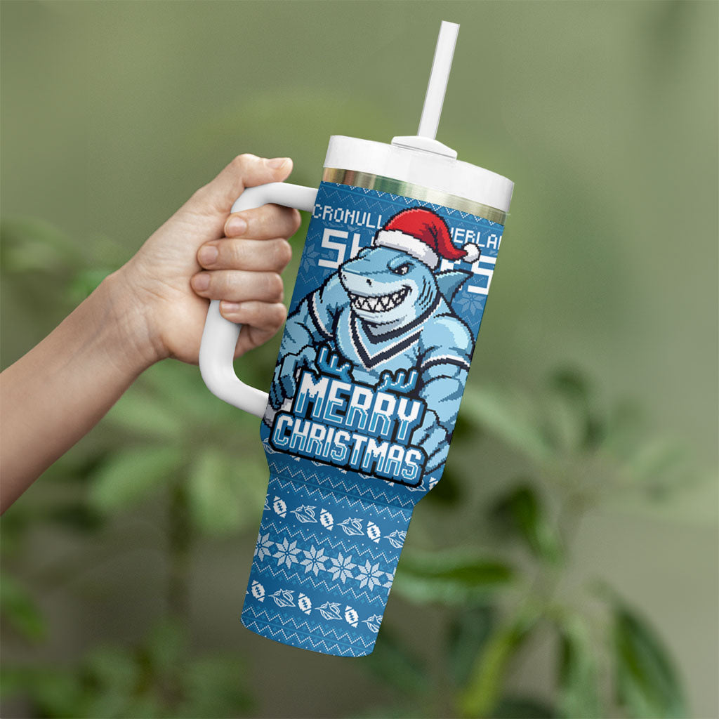 Personalized Cronulla Sharks Christmas Tumbler With Handle Australian Rugby Fans - Pixelated Ugly Xmas Pattern Mascot Santa