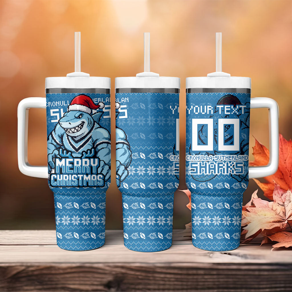 Personalized Cronulla Sharks Christmas Tumbler With Handle Australian Rugby Fans - Pixelated Ugly Xmas Pattern Mascot Santa