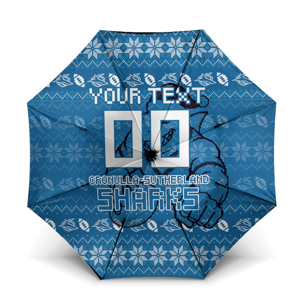 Personalized Cronulla Sharks Christmas Umbrella Australian Rugby Fans - Pixelated Ugly Xmas Pattern Mascot Santa