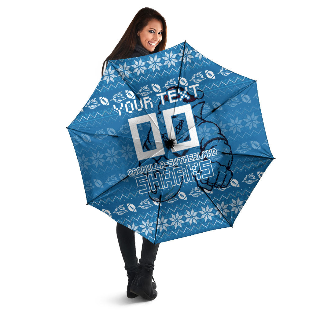 Personalized Cronulla Sharks Christmas Umbrella Australian Rugby Fans - Pixelated Ugly Xmas Pattern Mascot Santa