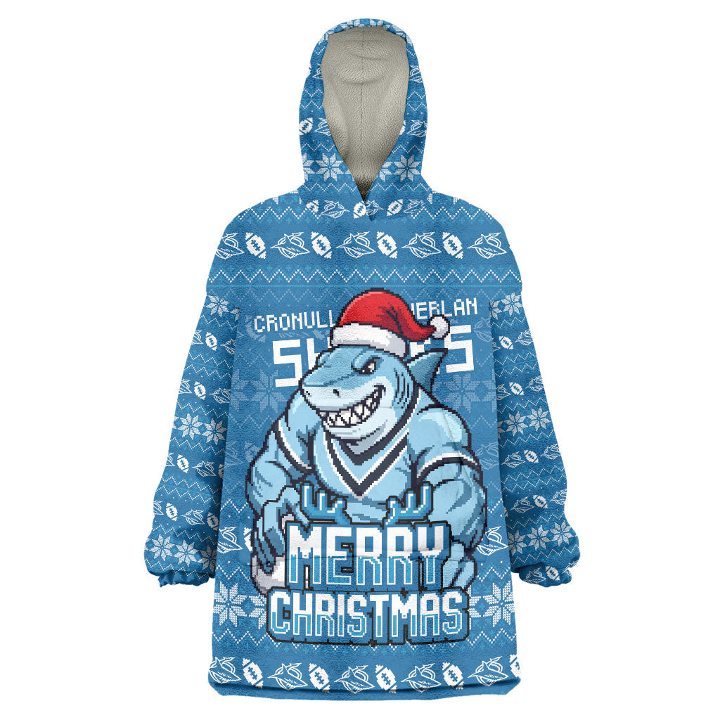 Personalized Cronulla Sharks Christmas Wearable Blanket Hoodie Australian Rugby Fans - Pixelated Ugly Xmas Pattern Mascot Santa