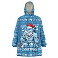 Personalized Cronulla Sharks Christmas Wearable Blanket Hoodie Australian Rugby Fans - Pixelated Ugly Xmas Pattern Mascot Santa
