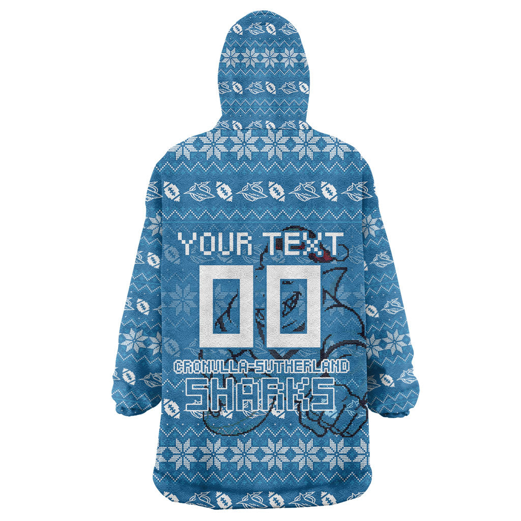 Personalized Cronulla Sharks Christmas Wearable Blanket Hoodie Australian Rugby Fans - Pixelated Ugly Xmas Pattern Mascot Santa