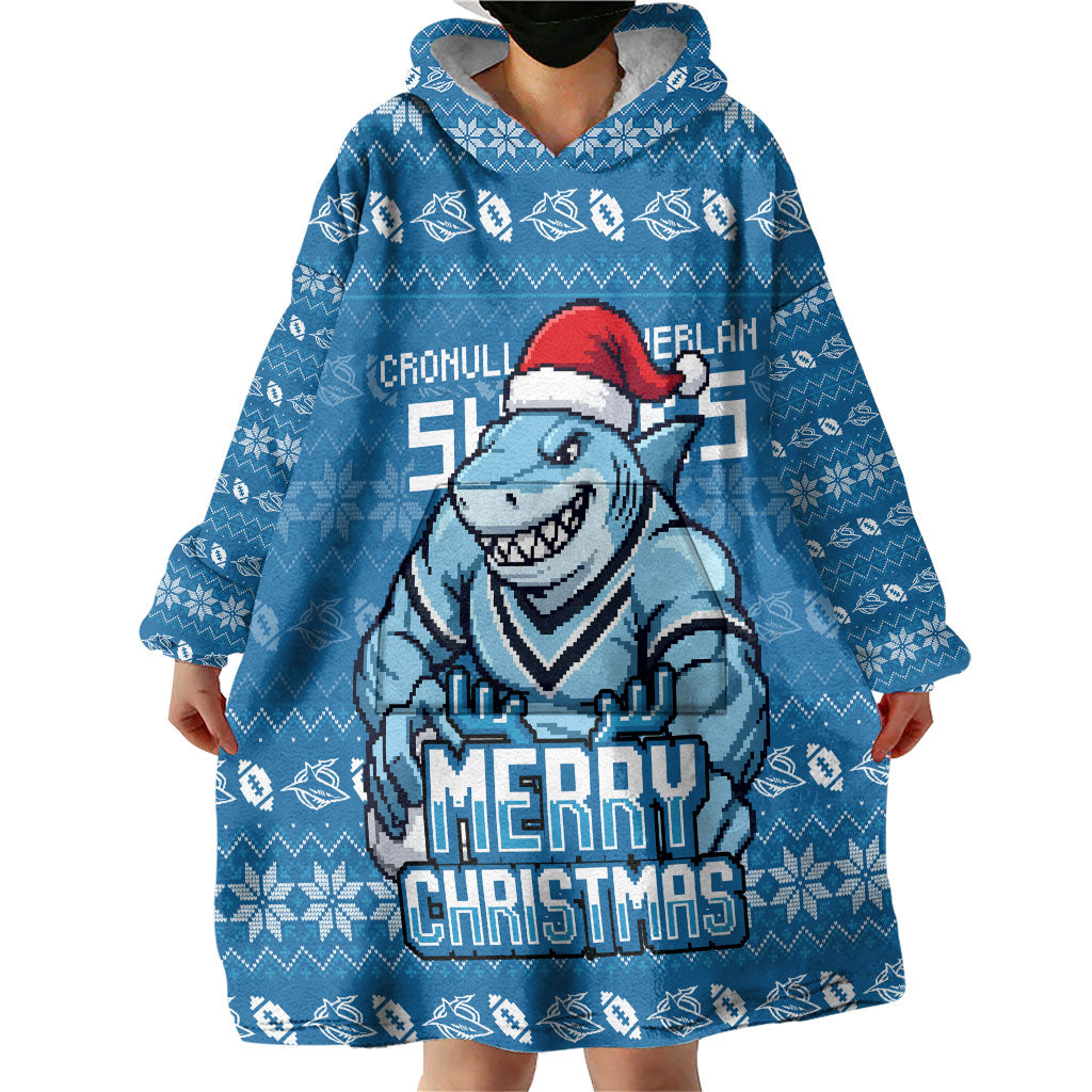 Personalized Cronulla Sharks Christmas Wearable Blanket Hoodie Australian Rugby Fans - Pixelated Ugly Xmas Pattern Mascot Santa