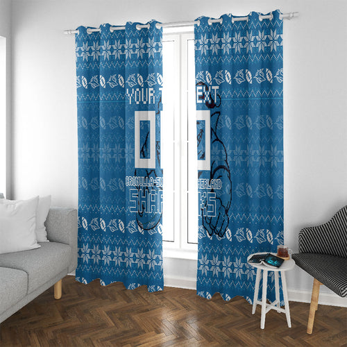 Personalized Cronulla Sharks Christmas Window Curtain Australian Rugby Fans - Pixelated Ugly Xmas Pattern Mascot Santa