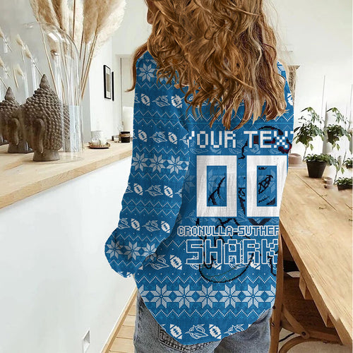 Personalized Cronulla Sharks Christmas Women Casual Shirt Australian Rugby Fans - Pixelated Ugly Xmas Pattern Mascot Santa