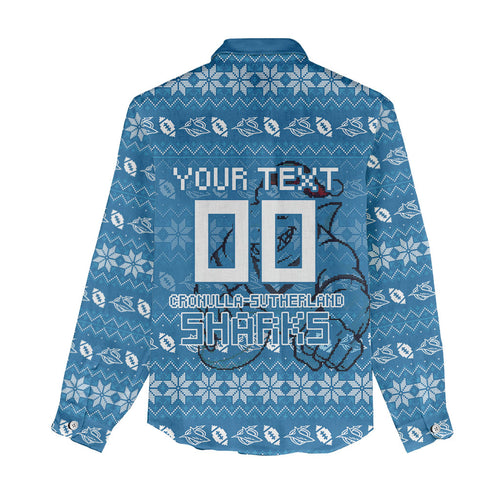 Personalized Cronulla Sharks Christmas Women Casual Shirt Australian Rugby Fans - Pixelated Ugly Xmas Pattern Mascot Santa
