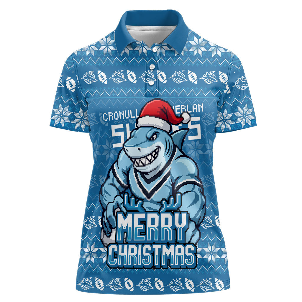 Personalized Cronulla Sharks Christmas Women Polo Shirt Australian Rugby Fans - Pixelated Ugly Xmas Pattern Mascot Santa