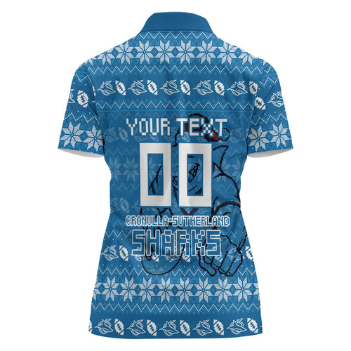 Personalized Cronulla Sharks Christmas Women Polo Shirt Australian Rugby Fans - Pixelated Ugly Xmas Pattern Mascot Santa