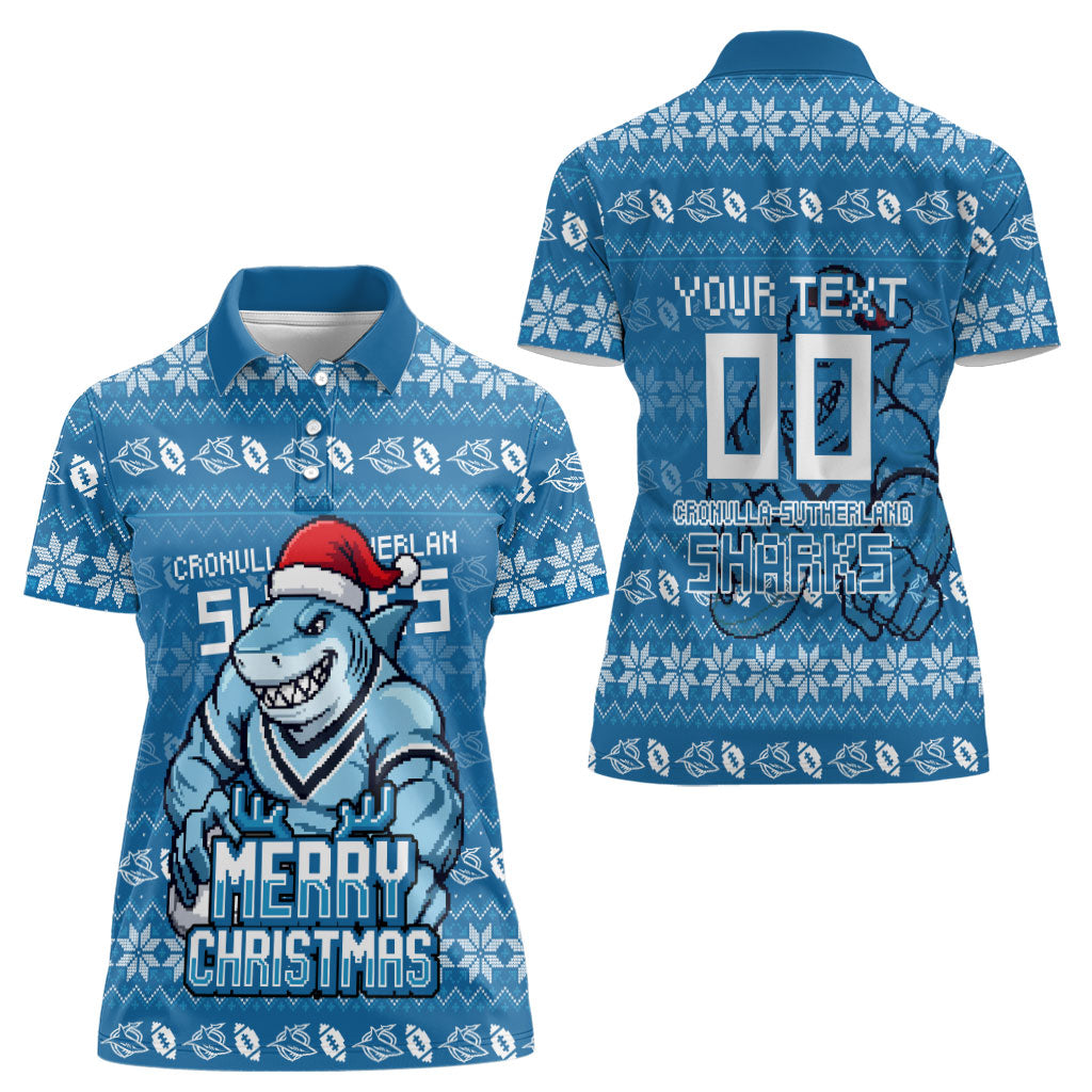 Personalized Cronulla Sharks Christmas Women Polo Shirt Australian Rugby Fans - Pixelated Ugly Xmas Pattern Mascot Santa