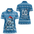 Personalized Cronulla Sharks Christmas Women Polo Shirt Australian Rugby Fans - Pixelated Ugly Xmas Pattern Mascot Santa