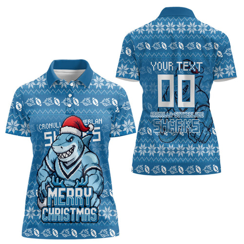 Personalized Cronulla Sharks Christmas Women Polo Shirt Australian Rugby Fans - Pixelated Ugly Xmas Pattern Mascot Santa