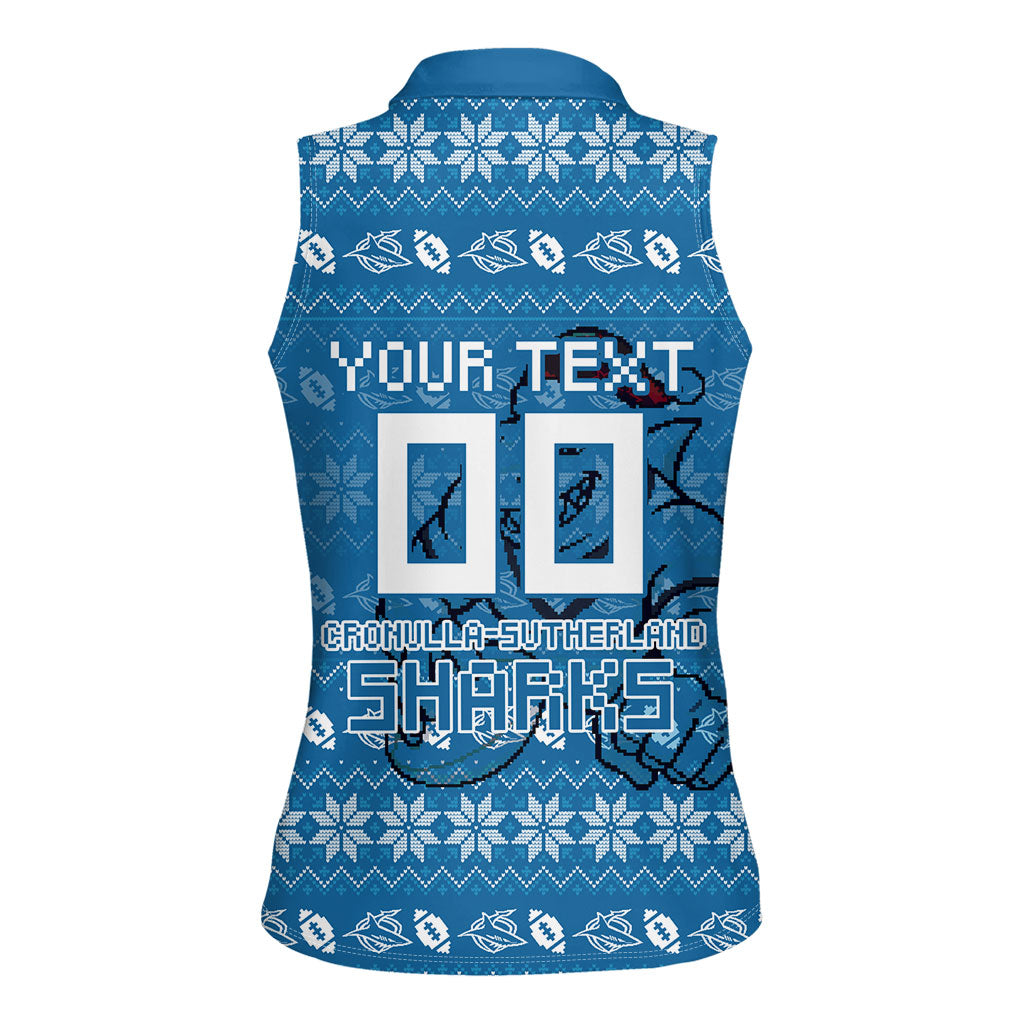 Personalized Cronulla Sharks Christmas Women Sleeveless Polo Shirt Australian Rugby Fans - Pixelated Ugly Xmas Pattern Mascot Santa
