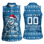 Personalized Cronulla Sharks Christmas Women Sleeveless Polo Shirt Australian Rugby Fans - Pixelated Ugly Xmas Pattern Mascot Santa
