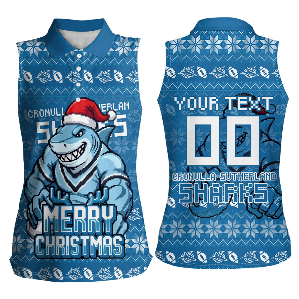 Personalized Cronulla Sharks Christmas Women Sleeveless Polo Shirt Australian Rugby Fans - Pixelated Ugly Xmas Pattern Mascot Santa