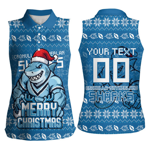 Personalized Cronulla Sharks Christmas Women Sleeveless Polo Shirt Australian Rugby Fans - Pixelated Ugly Xmas Pattern Mascot Santa