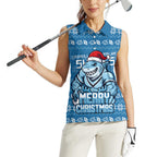 Personalized Cronulla Sharks Christmas Women Sleeveless Polo Shirt Australian Rugby Fans - Pixelated Ugly Xmas Pattern Mascot Santa