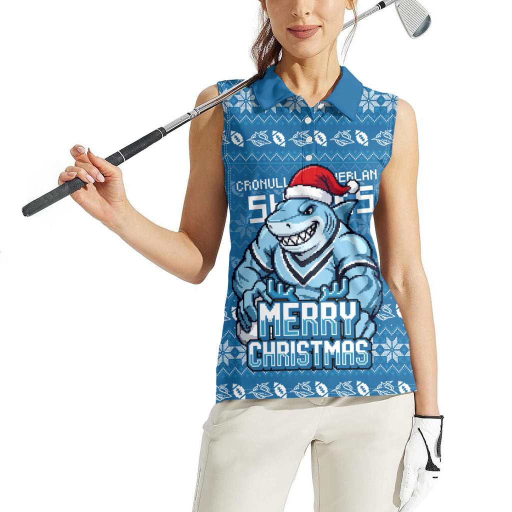 Personalized Cronulla Sharks Christmas Women Sleeveless Polo Shirt Australian Rugby Fans - Pixelated Ugly Xmas Pattern Mascot Santa
