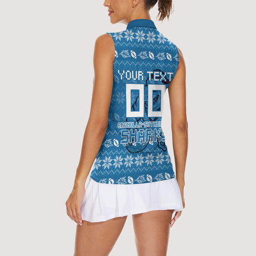 Personalized Cronulla Sharks Christmas Women Sleeveless Polo Shirt Australian Rugby Fans - Pixelated Ugly Xmas Pattern Mascot Santa