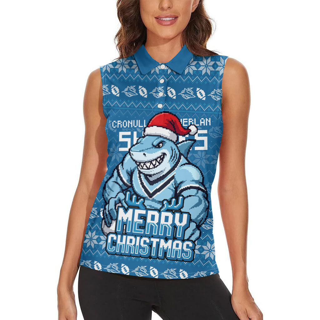 Personalized Cronulla Sharks Christmas Women Sleeveless Polo Shirt Australian Rugby Fans - Pixelated Ugly Xmas Pattern Mascot Santa