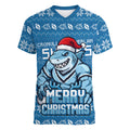 Personalized Cronulla Sharks Christmas Women V-Neck T-Shirt Australian Rugby Fans - Pixelated Ugly Xmas Pattern Mascot Santa