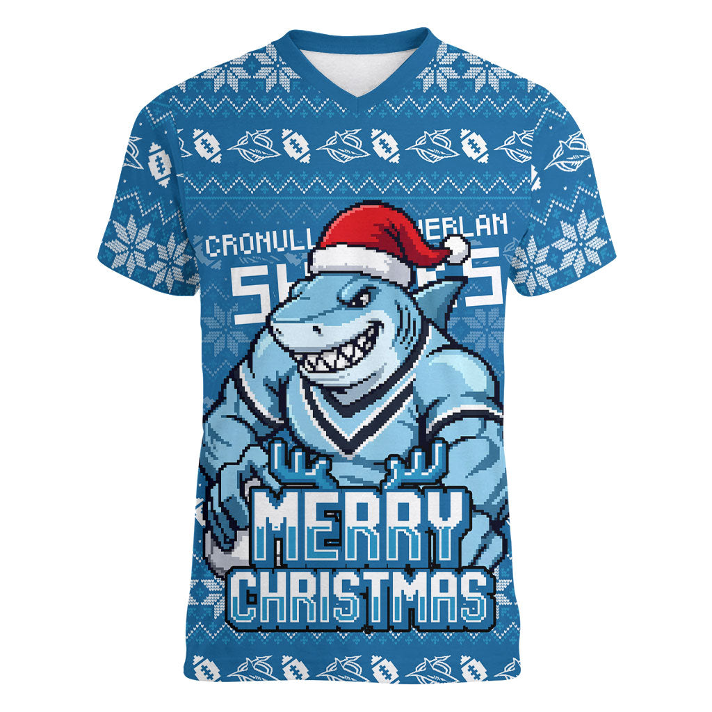 Personalized Cronulla Sharks Christmas Women V-Neck T-Shirt Australian Rugby Fans - Pixelated Ugly Xmas Pattern Mascot Santa