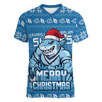Personalized Cronulla Sharks Christmas Women V-Neck T-Shirt Australian Rugby Fans - Pixelated Ugly Xmas Pattern Mascot Santa