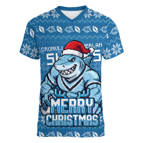 Personalized Cronulla Sharks Christmas Women V-Neck T-Shirt Australian Rugby Fans - Pixelated Ugly Xmas Pattern Mascot Santa