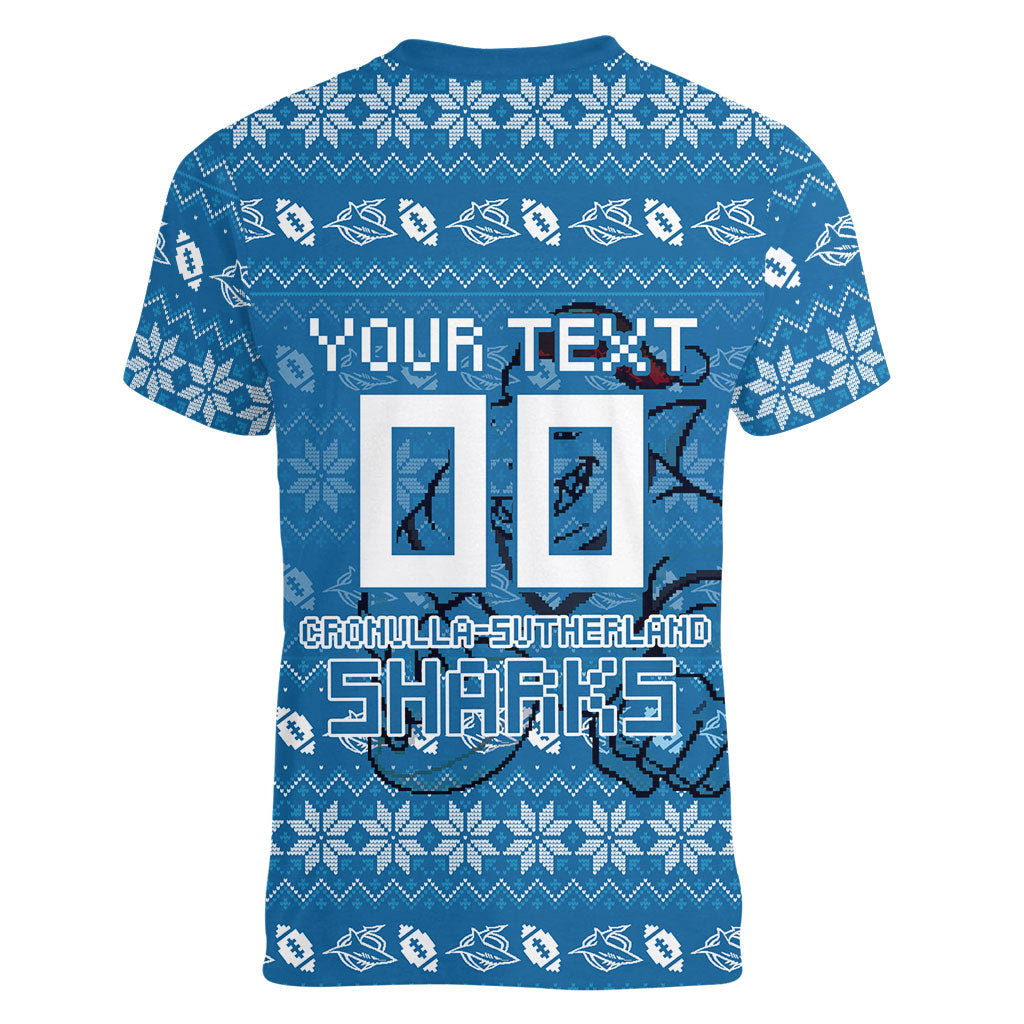 Personalized Cronulla Sharks Christmas Women V-Neck T-Shirt Australian Rugby Fans - Pixelated Ugly Xmas Pattern Mascot Santa