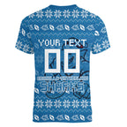 Personalized Cronulla Sharks Christmas Women V-Neck T-Shirt Australian Rugby Fans - Pixelated Ugly Xmas Pattern Mascot Santa