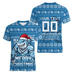 Personalized Cronulla Sharks Christmas Women V-Neck T-Shirt Australian Rugby Fans - Pixelated Ugly Xmas Pattern Mascot Santa