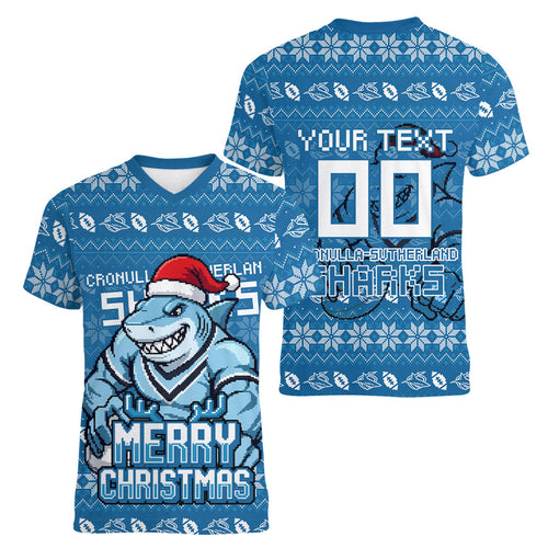Personalized Cronulla Sharks Christmas Women V-Neck T-Shirt Australian Rugby Fans - Pixelated Ugly Xmas Pattern Mascot Santa