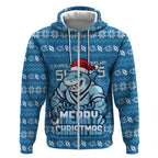 Personalized Cronulla Sharks Christmas Zip Hoodie Australian Rugby Fans - Pixelated Ugly Xmas Pattern Mascot Santa