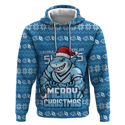 Personalized Cronulla Sharks Christmas Zip Hoodie Australian Rugby Fans - Pixelated Ugly Xmas Pattern Mascot Santa