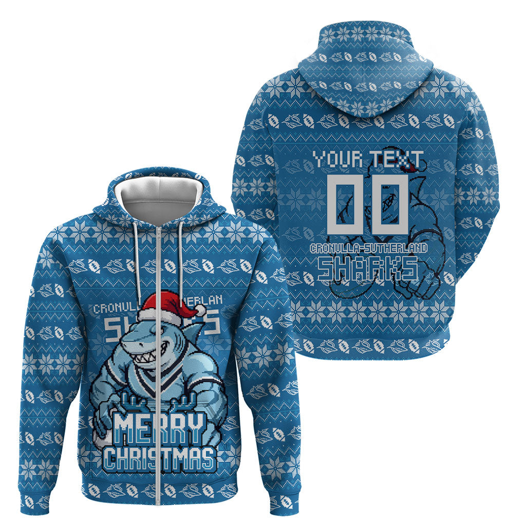 Personalized Cronulla Sharks Christmas Zip Hoodie Australian Rugby Fans - Pixelated Ugly Xmas Pattern Mascot Santa