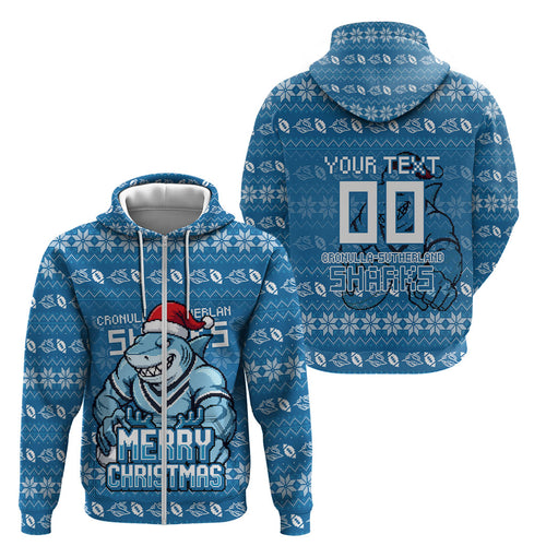 Personalized Cronulla Sharks Christmas Zip Hoodie Australian Rugby Fans - Pixelated Ugly Xmas Pattern Mascot Santa