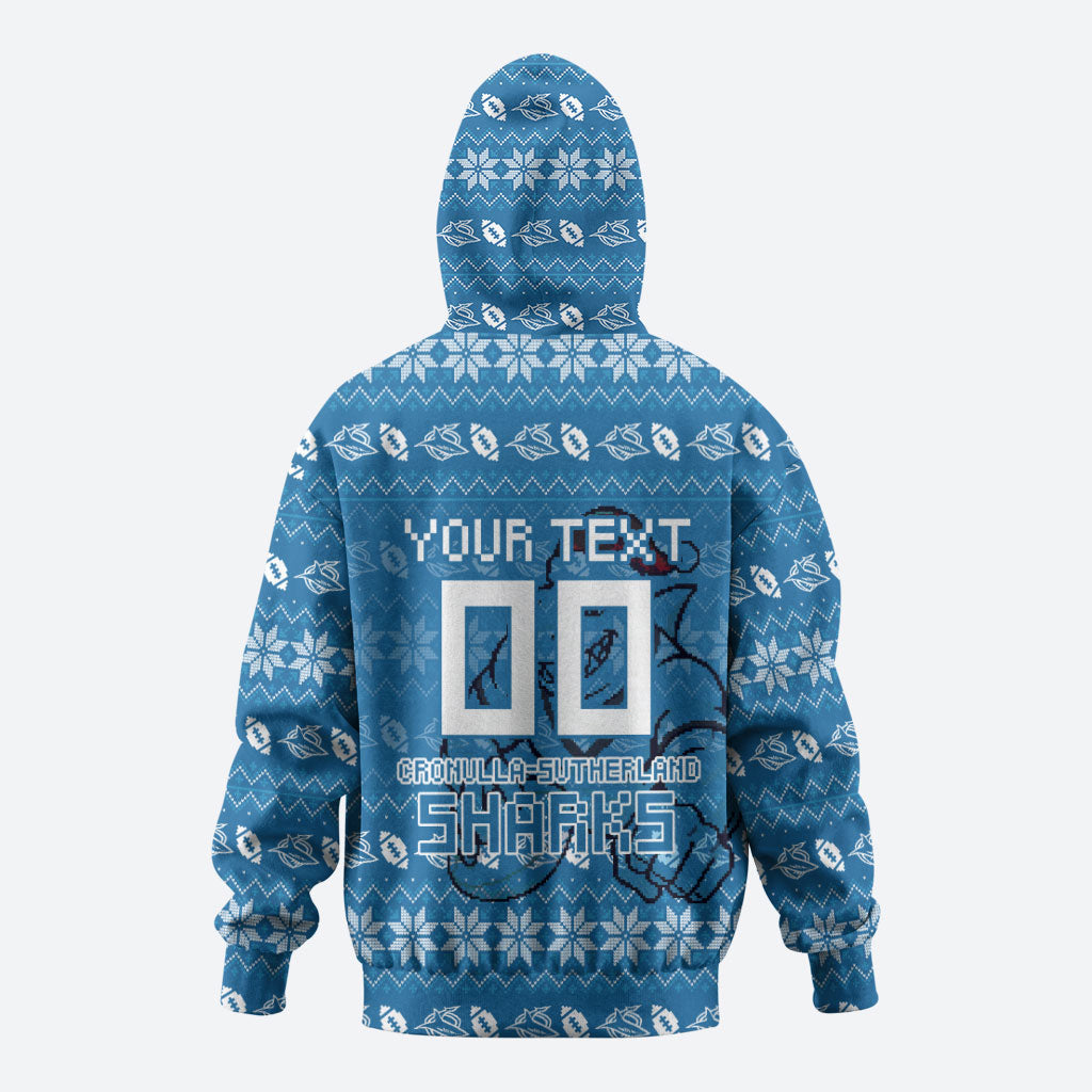 Personalized Cronulla Sharks Christmas Zip Hoodie Australian Rugby Fans - Pixelated Ugly Xmas Pattern Mascot Santa