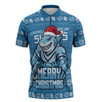 Personalized Cronulla Sharks Christmas Zipper Polo Shirt Australian Rugby Fans - Pixelated Ugly Xmas Pattern Mascot Santa