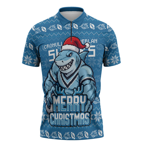 Personalized Cronulla Sharks Christmas Zipper Polo Shirt Australian Rugby Fans - Pixelated Ugly Xmas Pattern Mascot Santa