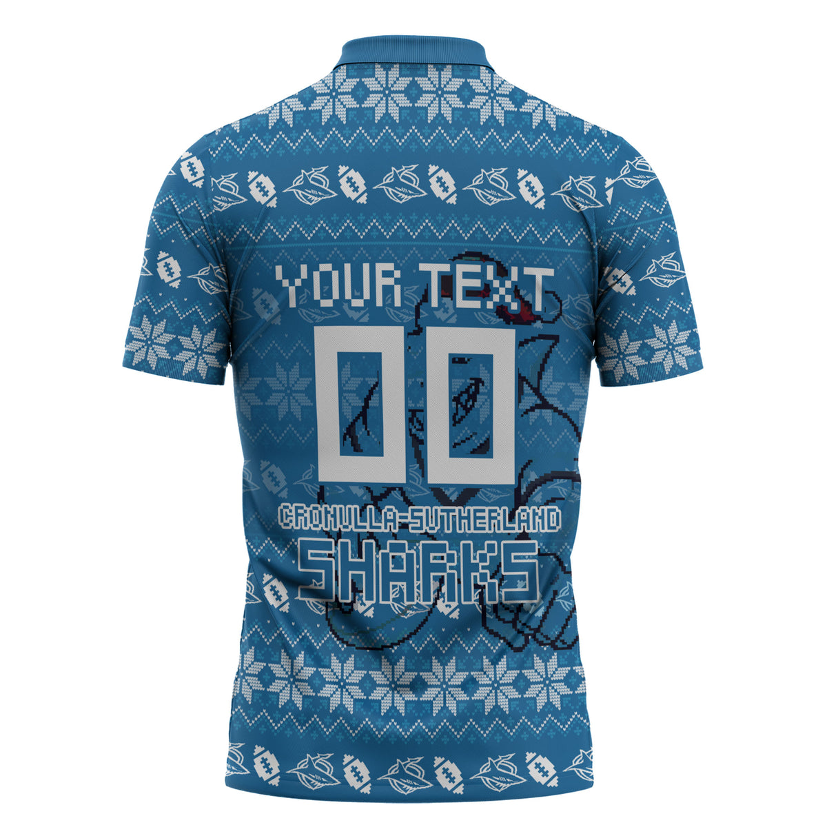 Personalized Cronulla Sharks Christmas Zipper Polo Shirt Australian Rugby Fans - Pixelated Ugly Xmas Pattern Mascot Santa