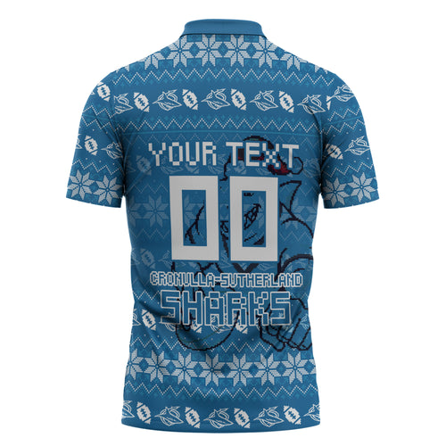 Personalized Cronulla Sharks Christmas Zipper Polo Shirt Australian Rugby Fans - Pixelated Ugly Xmas Pattern Mascot Santa