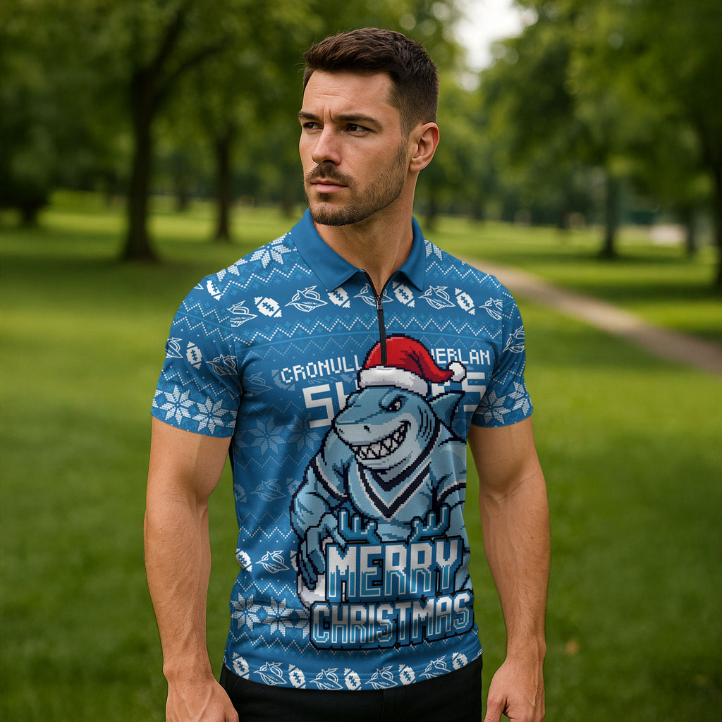 Personalized Cronulla Sharks Christmas Zipper Polo Shirt Australian Rugby Fans - Pixelated Ugly Xmas Pattern Mascot Santa